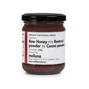 Mellona Organic Functional Raw Honey With Beetroot & Cocoa, 250g (Front)