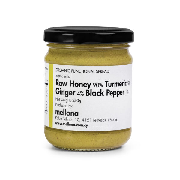 Mellona Organic Functional Raw Honey With Turmeric, Ginger & Black Pepper, 250g (Front)