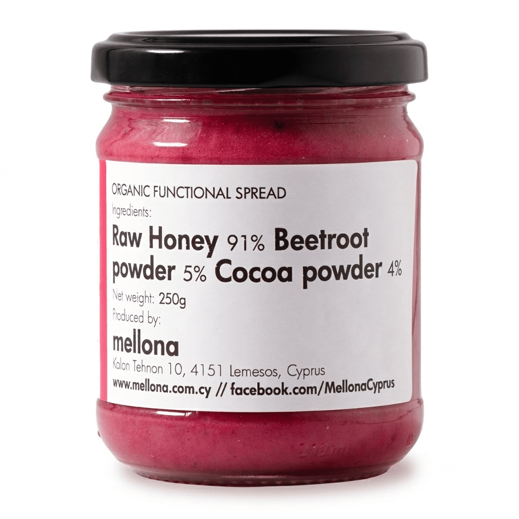 Mellona Organic Raw Honey with Beetroot & Cocoa 250g Front