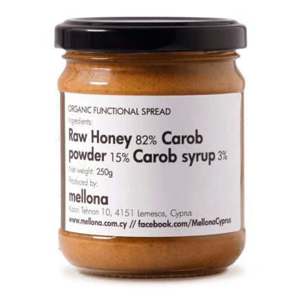 Mellona Organic Raw Honey with Carob 250g Front