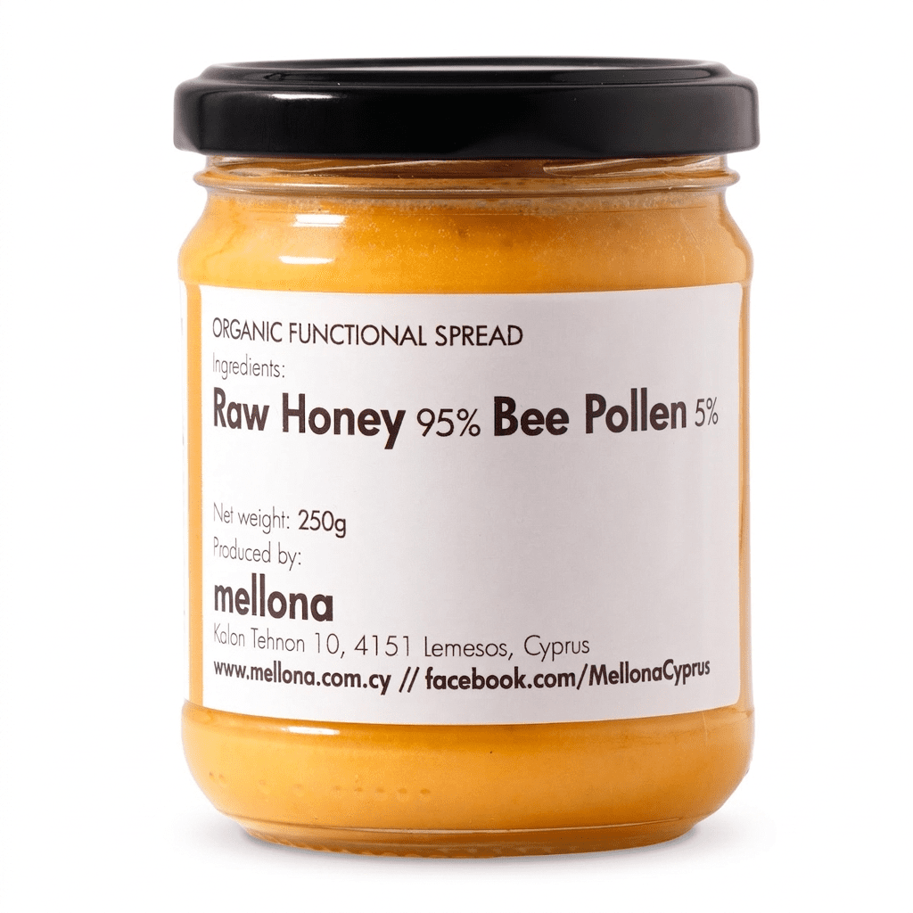 Mellona Organic Raw Honey with Pollen 250g Front