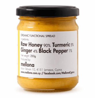 Mellona Organic Raw Honey with Turmeric & Ginger 250g front