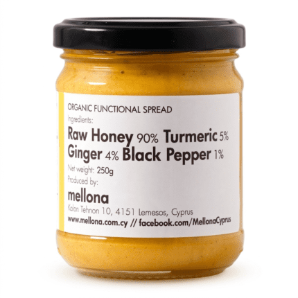 Mellona Organic Raw Honey with Turmeric & Ginger 250g front