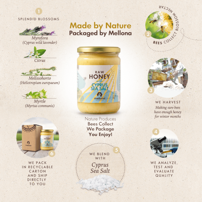 Mellona raw honey with Cyprus sea salt infographic