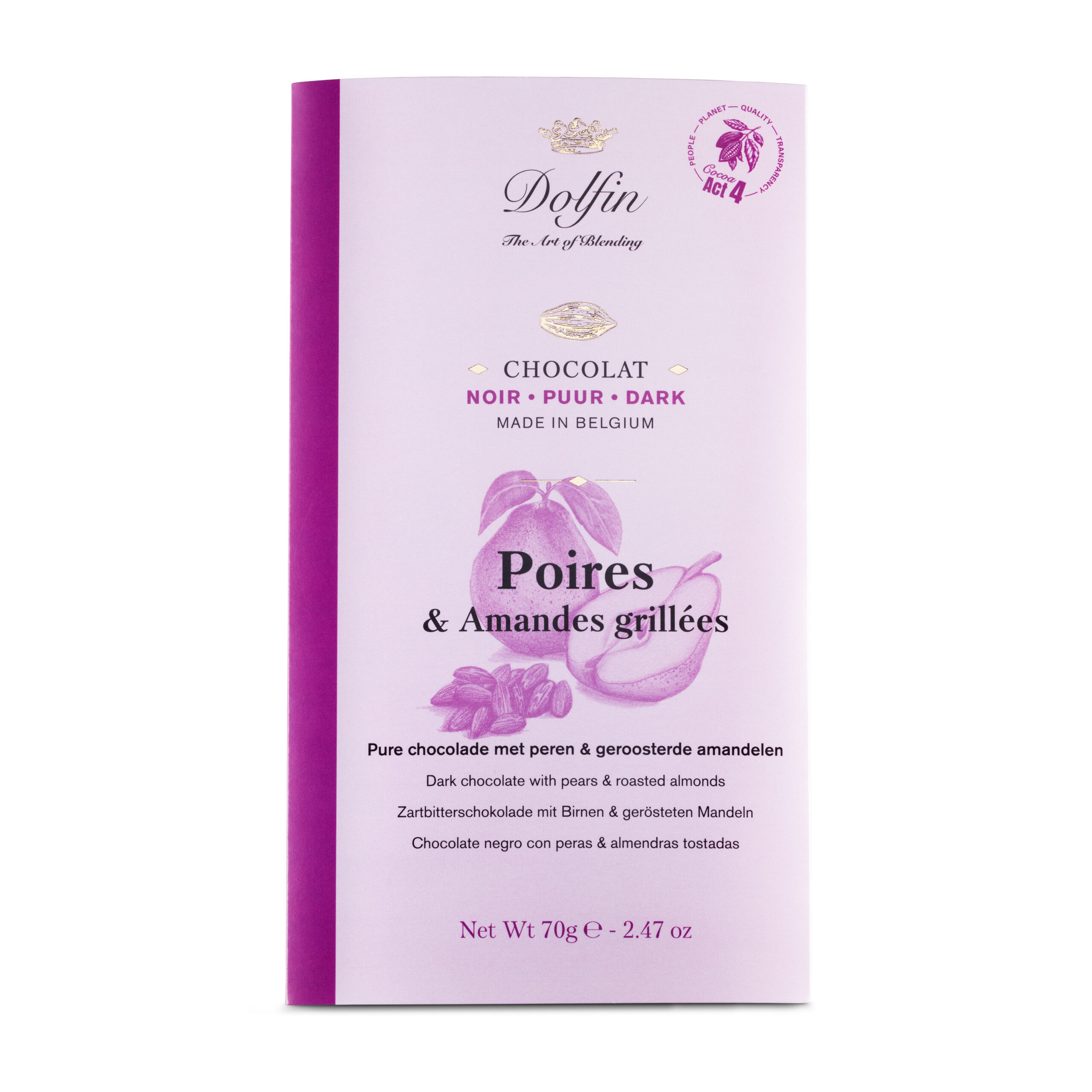 DOLFIN Belgian dark chocolate bar with pear and roasted almond DOLFIN Belgian dark chocolate bar with pear and roasted almond
