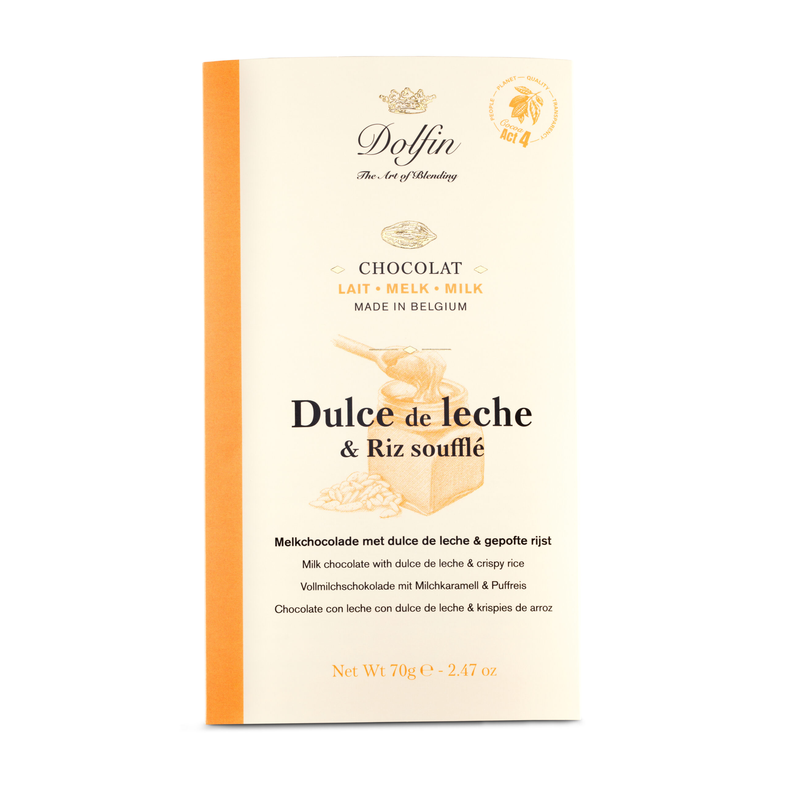 DOLFIN Belgian milk chocolate bar dulche de leche and crispy rice 70g DOLFIN Belgian milk chocolate bar dulche de leche and crispy rice 70g