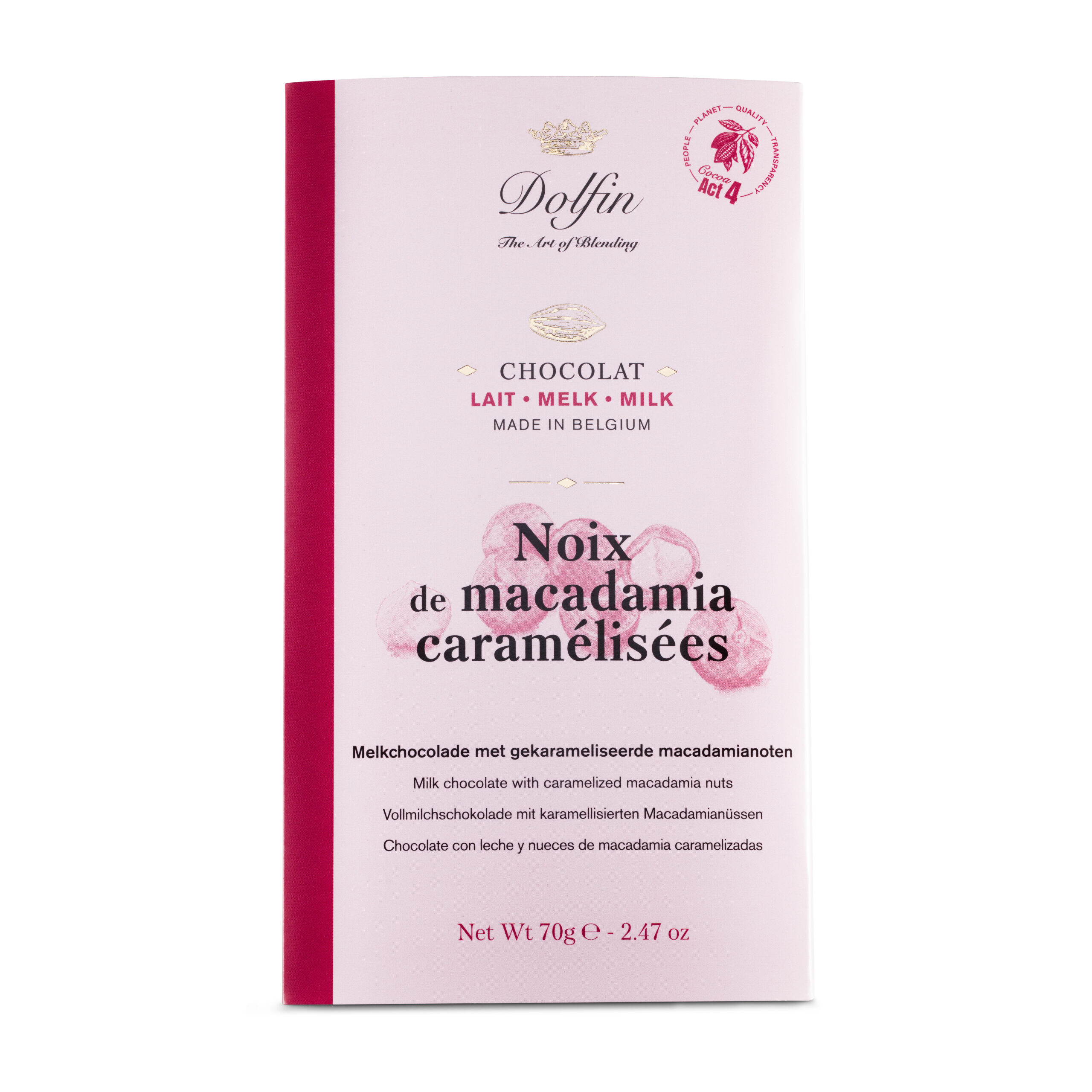 DOLFIN Belgian milk chocolate bar with caramalised macadamia 70g DOLFIN Belgian milk chocolate bar with caramalised macadamia 70g