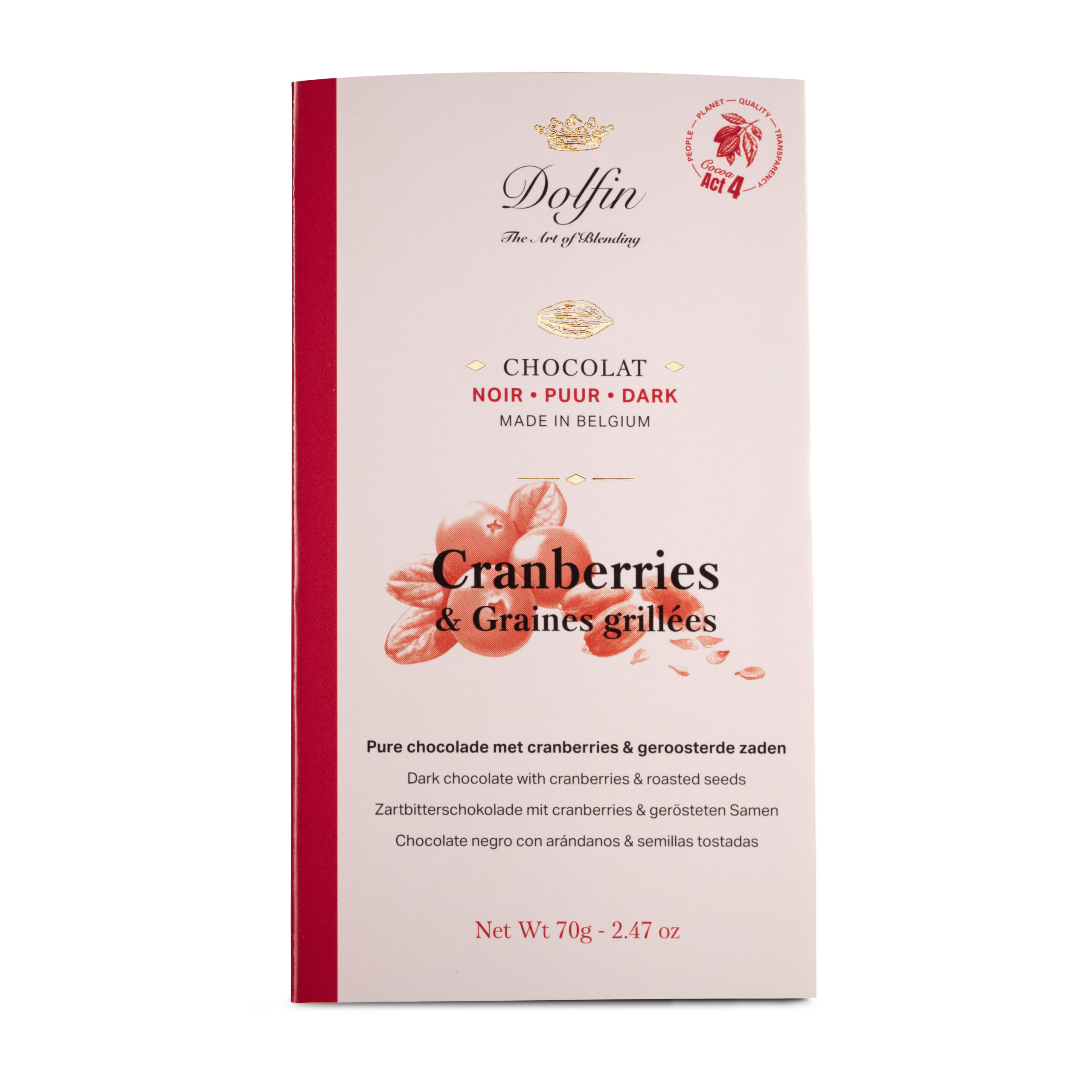 DOLFIN Belgian dark chocolate bar with cranberries and roasted seeds 70g DOLFIN Belgian dark chocolate bar with cranberries and roasted seeds 70g